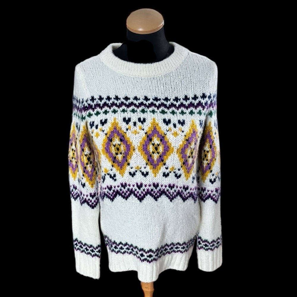Talbots Sweater White Diamond Fair Isle Crewneck Pullover Purple Gold Size XS